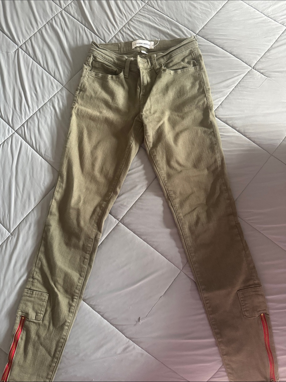 Olive Skinny Jeans with Cargo Zipper Detail - Unbranded
